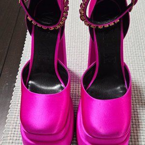 Versace Medusa Head Charm Satin Platform Pumps Size 37